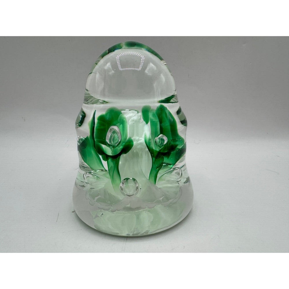 Joe Rice Art Glass Paperweight Floral Green White Bell Signed 4.25in‎ Excellent